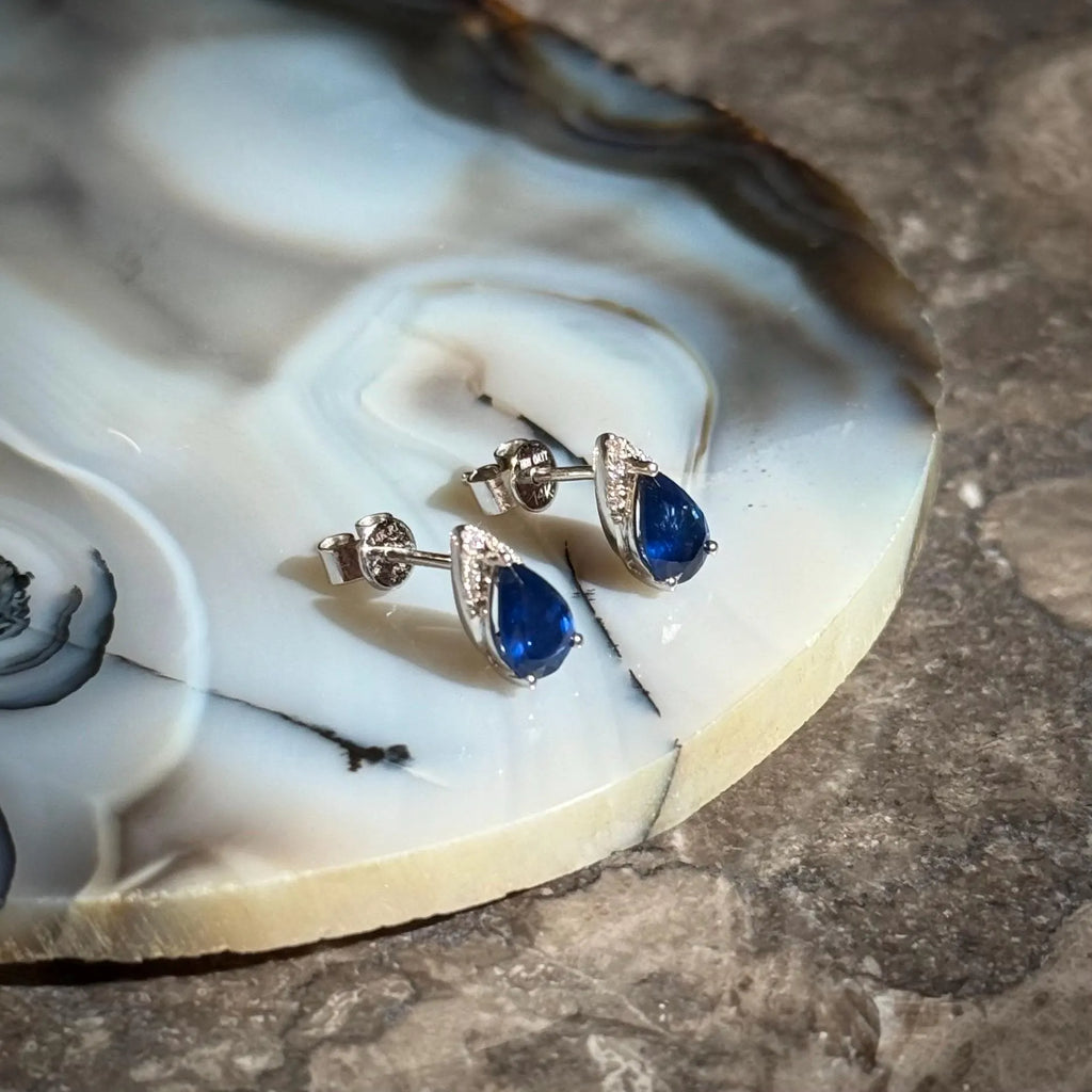 Diamond Sapphire Stud Earrings in 14k White Gold