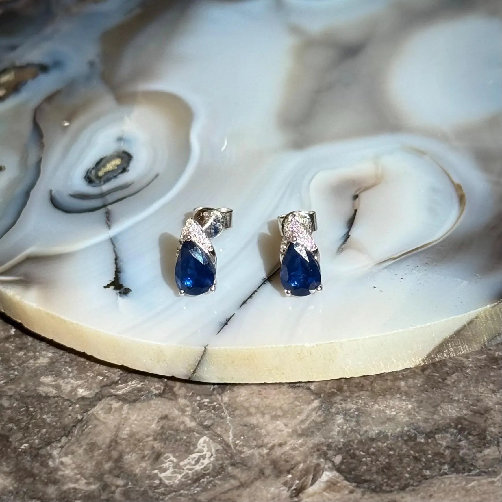 Diamond Sapphire Stud Earrings in 14k White Gold