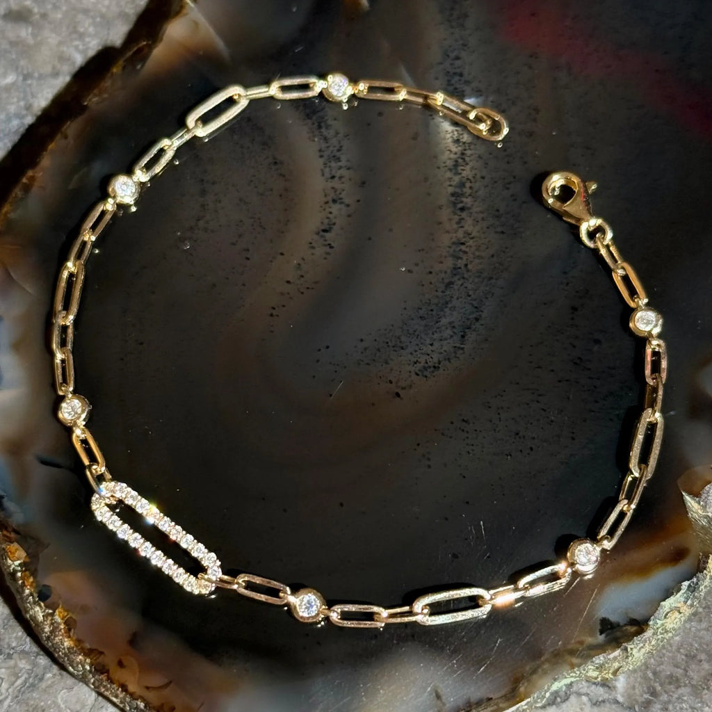 Diamond Paper Clip Chain Bracelet in 14k Yellow Gold