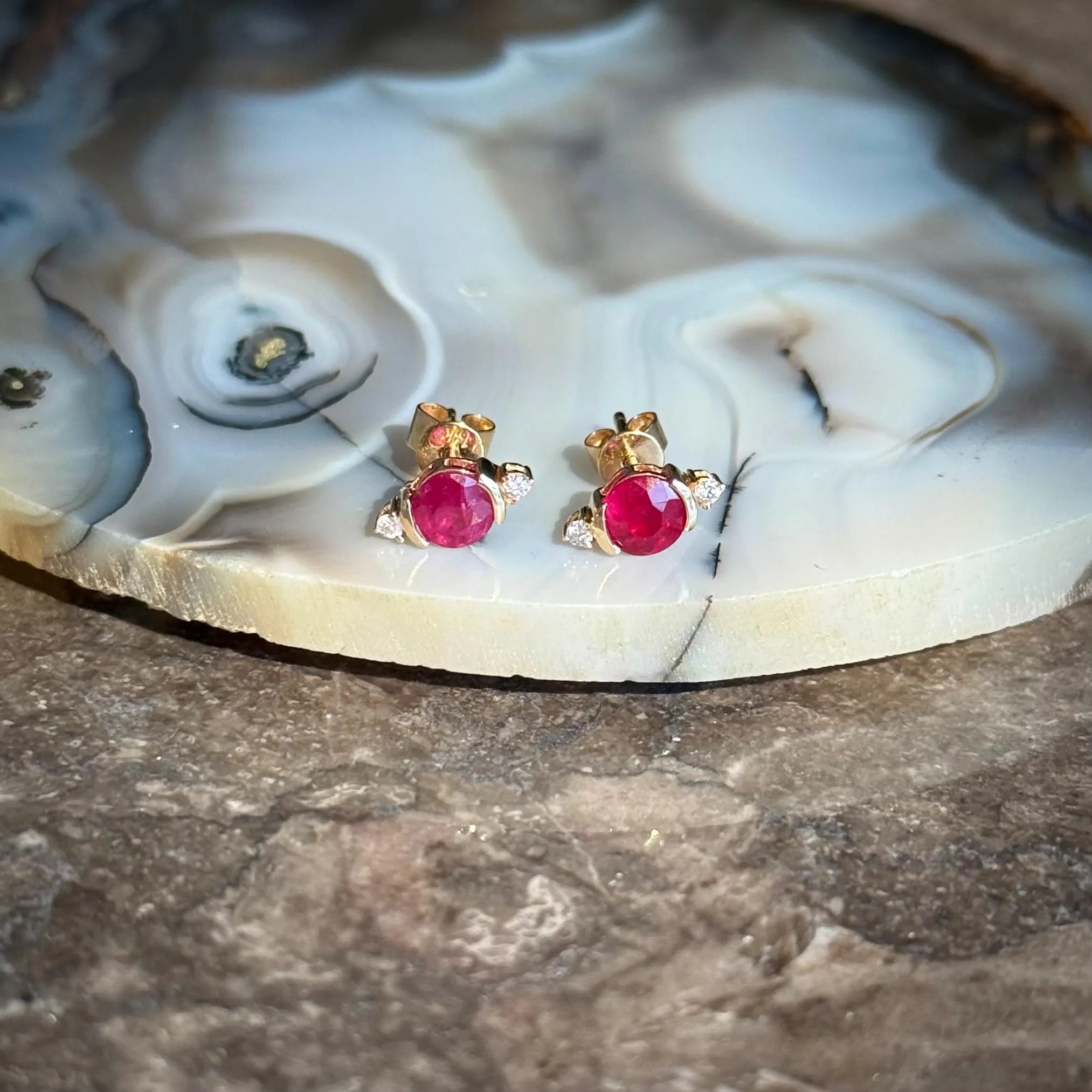 Diamond Ruby Studs Earrings in 14k Yellow Gold