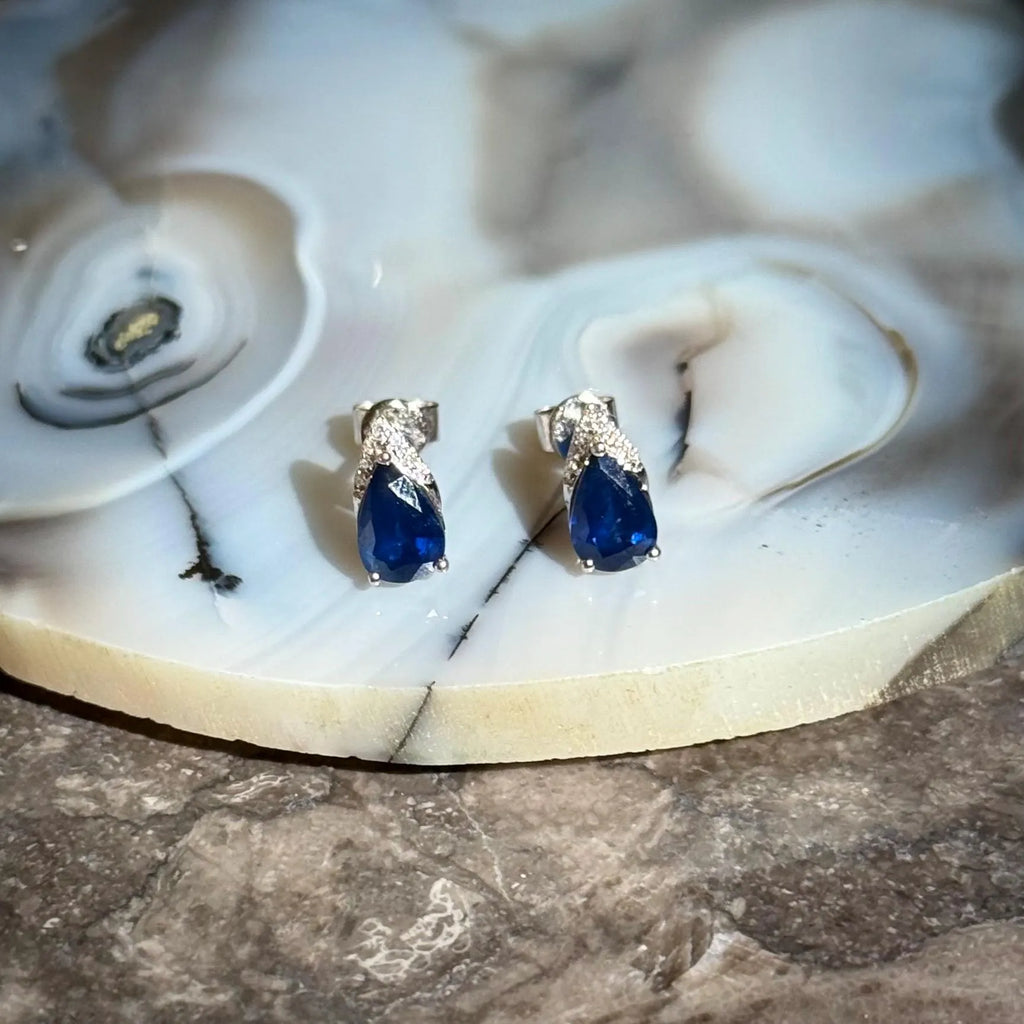 Diamond Sapphire Stud Earrings in 14k White Gold