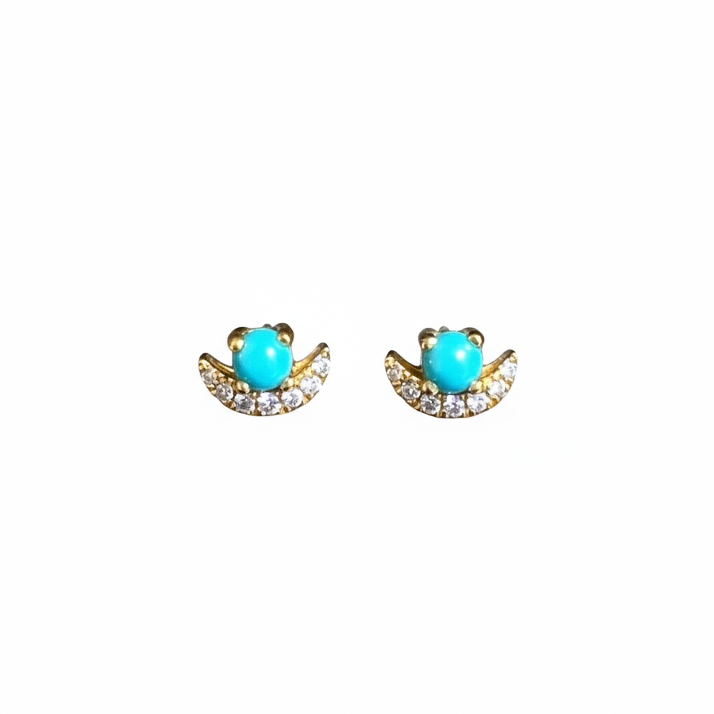 Moon Diamond Turquoise Stud Earrings in 18k Yellow Gold