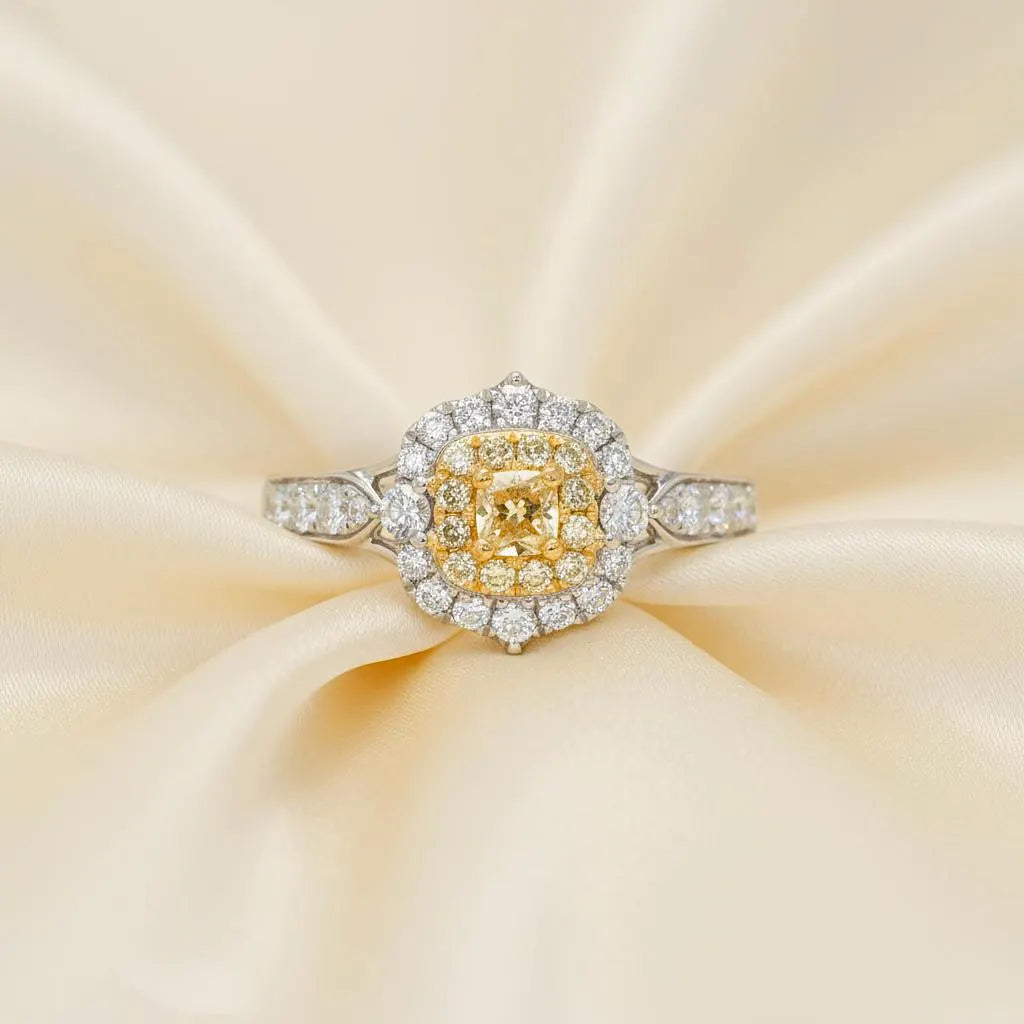 Yellow Diamond Double Halo Ring in 14K Two-Tone Gold – 0.38 CT Yellow Diamond
