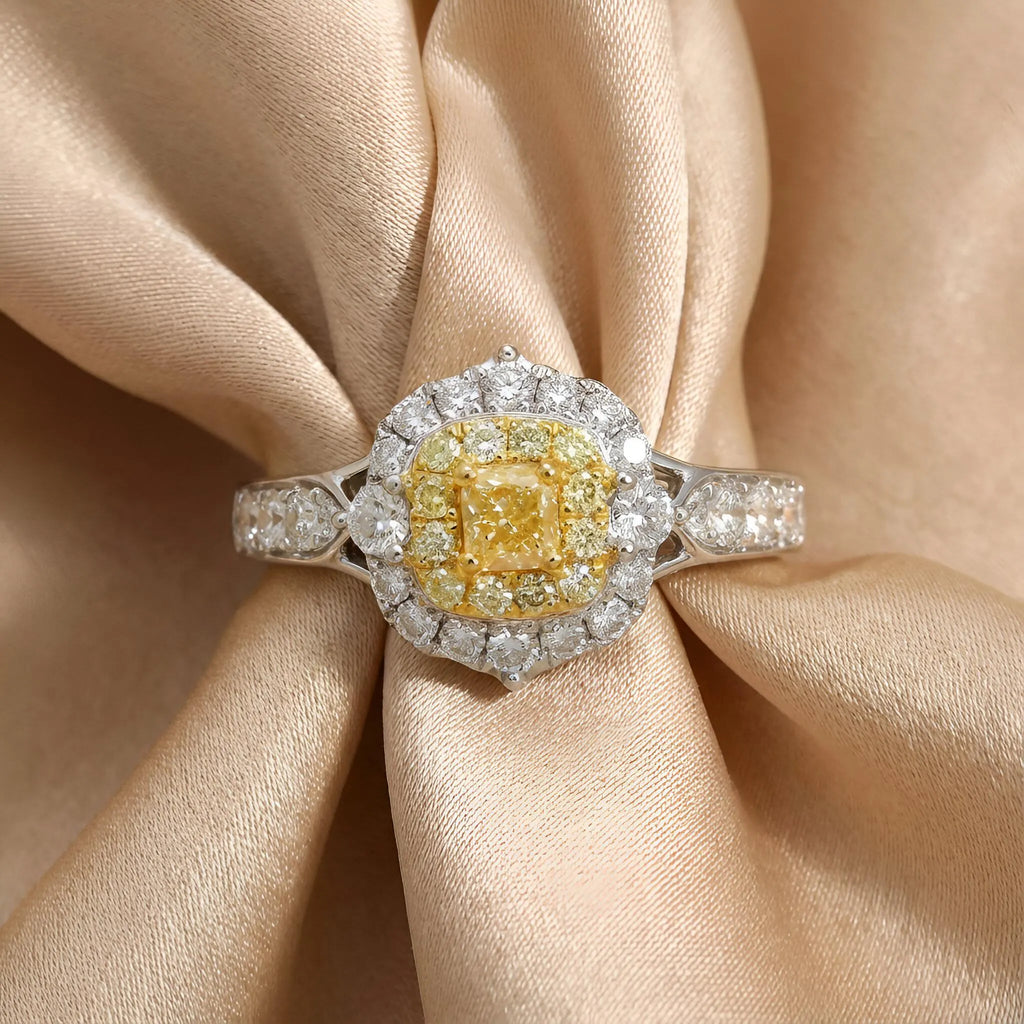 Yellow Diamond Double Halo Ring in 14K Two-Tone Gold – 0.38 CT Yellow Diamond