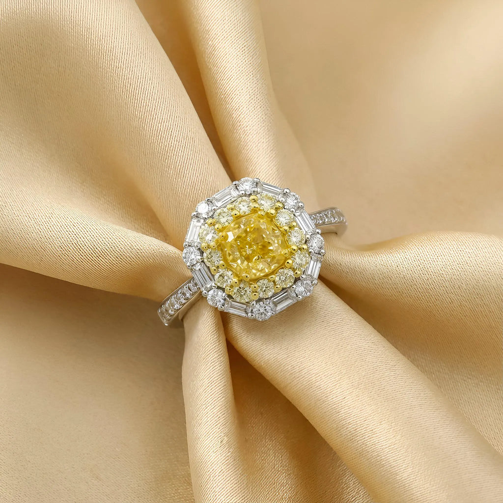 Art Deco Yellow Diamond Double Halo Ring in 18K Two-Tone Gold – GIA Certified