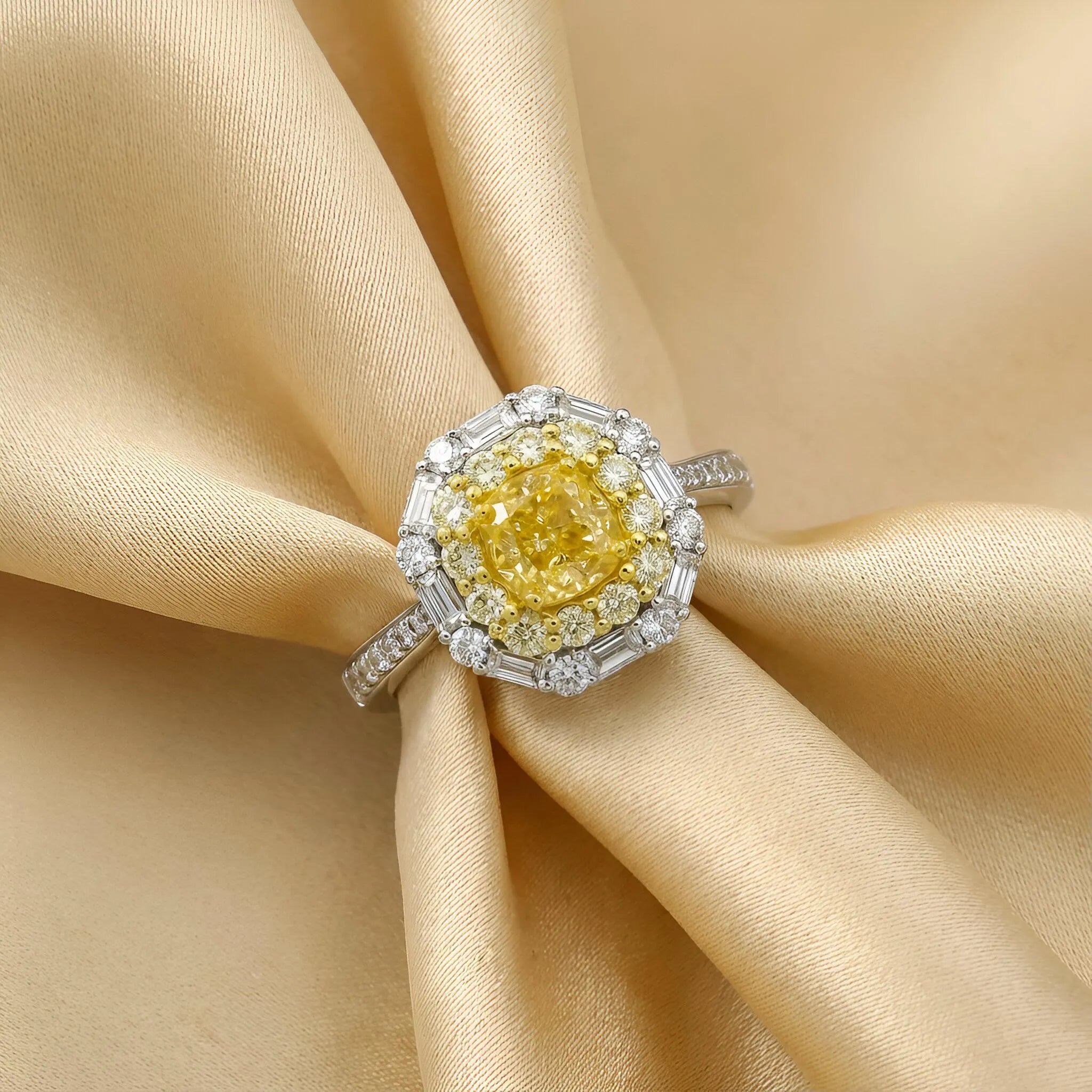 Art Deco Yellow Diamond Double Halo Ring in 18K Two-Tone Gold – GIA Certified