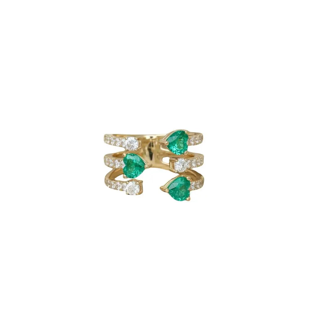 Heart-Shaped Emerald & Diamond Cuff Ring in 18K Yellow Gold