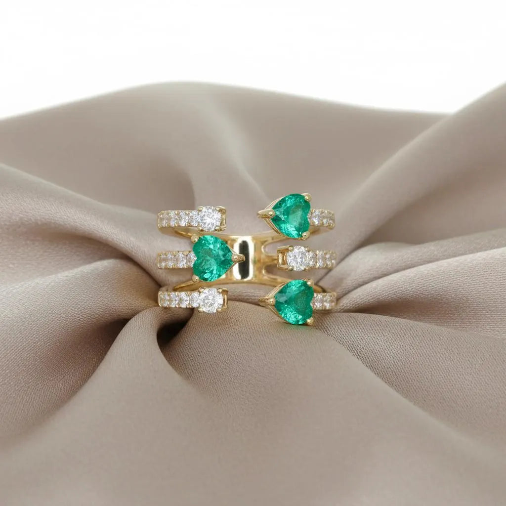 Heart-Shaped Emerald & Diamond Cuff Ring in 18K Yellow Gold