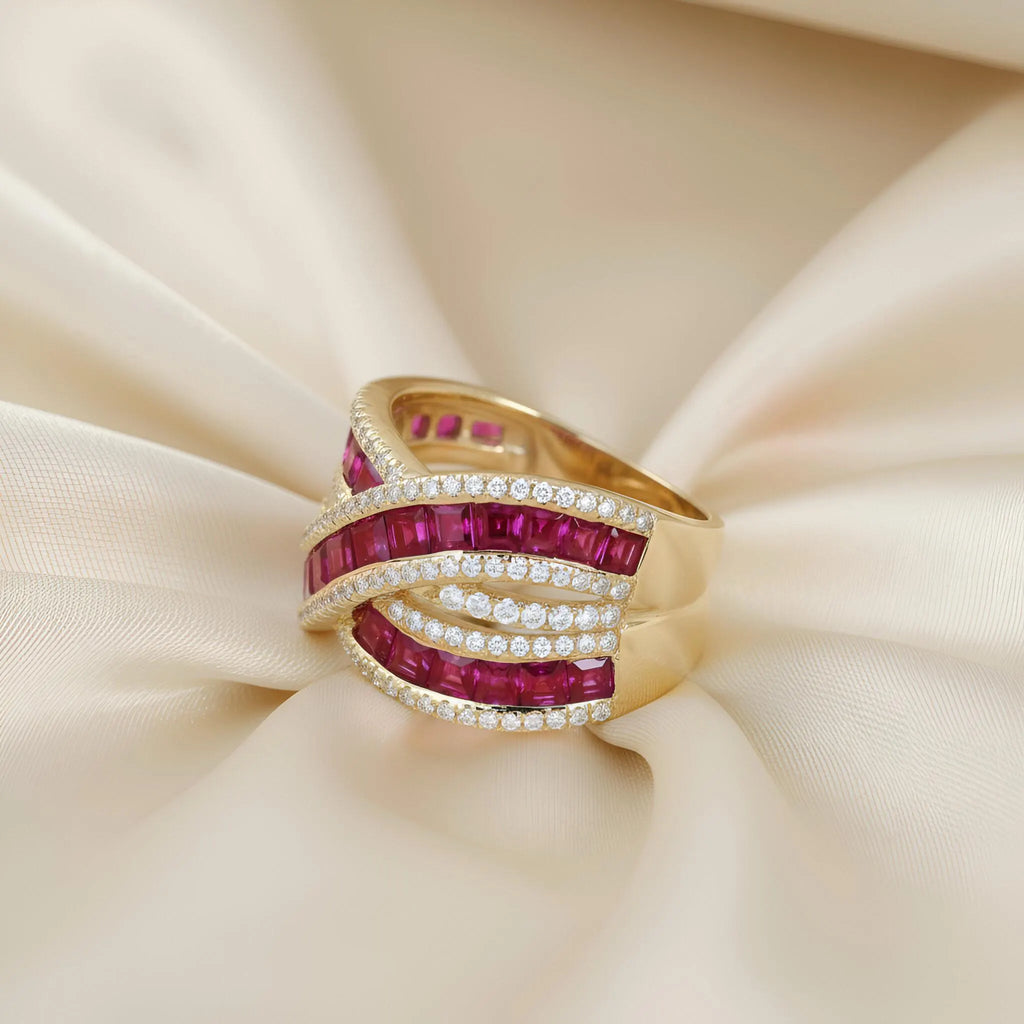 Statement Ruby & Diamond Wave Ring in 14K Yellow Gold – Channel-Set Rubies
