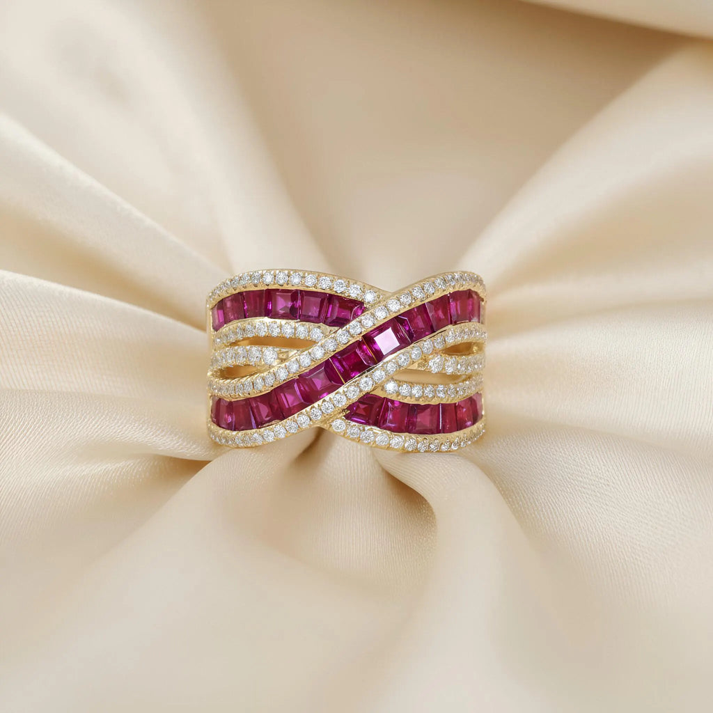 Statement Ruby & Diamond Wave Ring in 14K Yellow Gold – Channel-Set Rubies