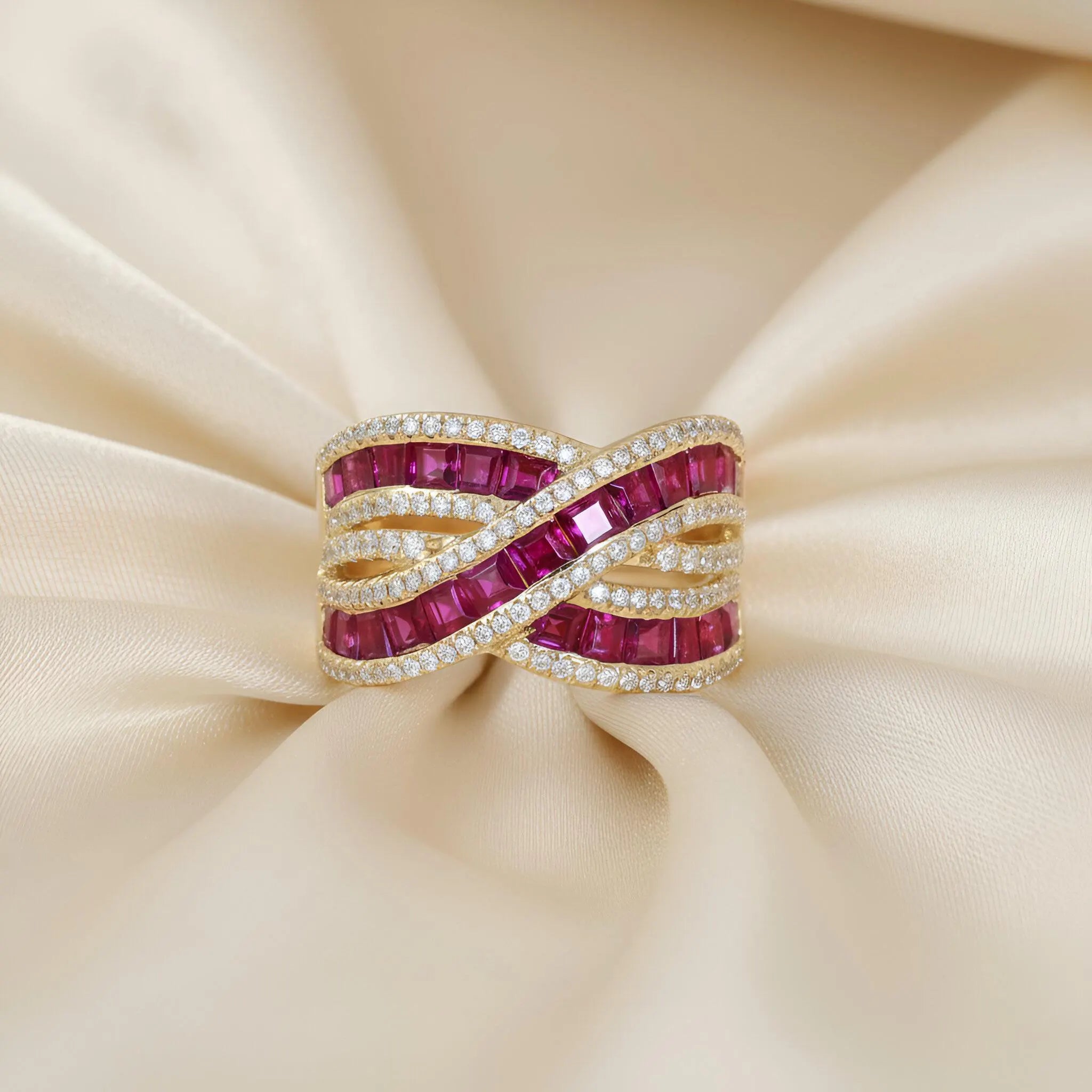 Statement Ruby & Diamond Wave Ring in 14K Yellow Gold – Channel-Set Rubies