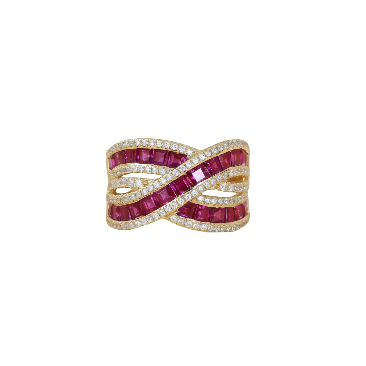 Statement Ruby & Diamond Wave Ring in 14K Yellow Gold – Channel-Set Rubies