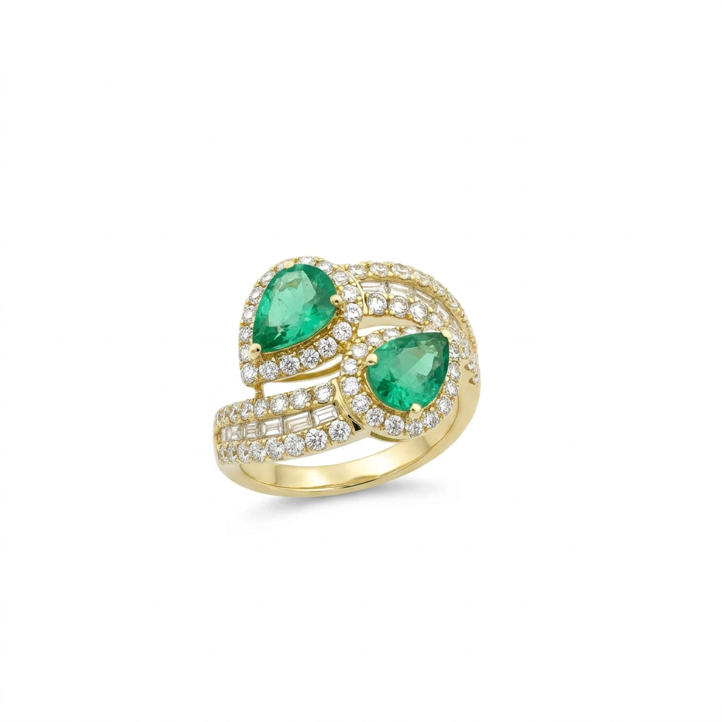 Statement Emerald & Diamond Crossover Ring in 14K Yellow Gold – 1.94 CT Emeralds & 1.54 CTW Diamonds
