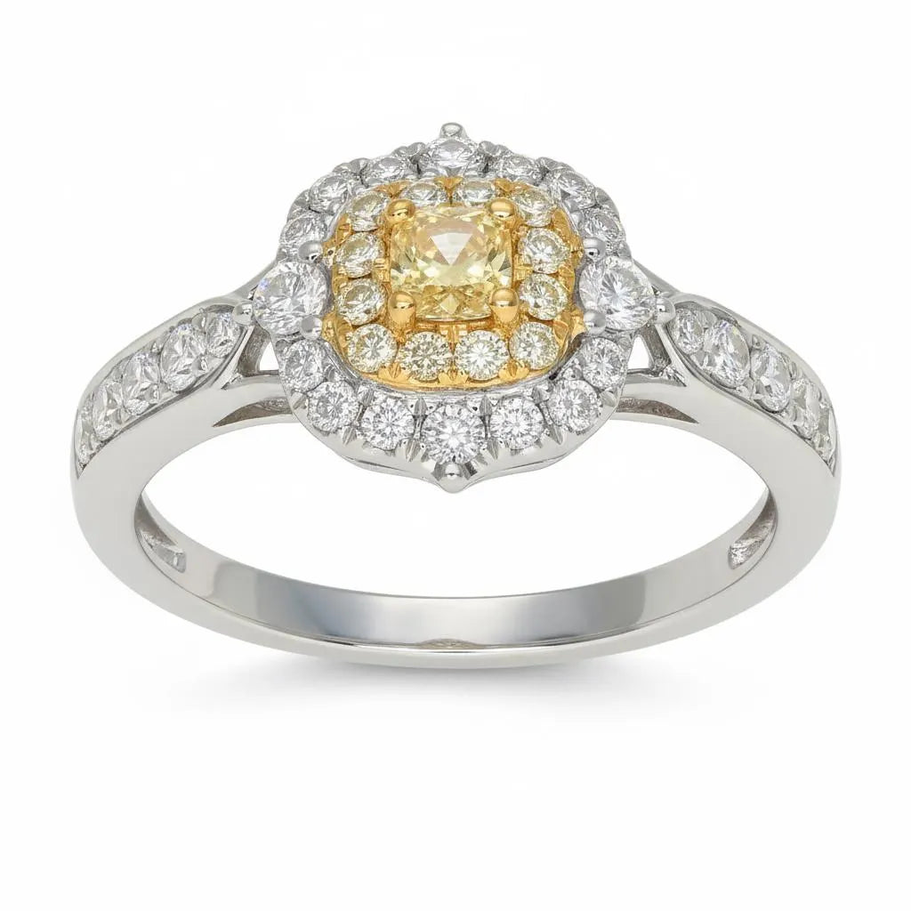 Yellow Diamond Double Halo Ring in 14K Two-Tone Gold – 0.38 CT Yellow Diamond