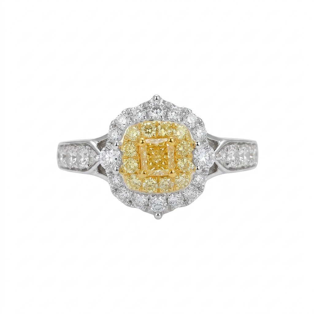 Yellow Diamond Double Halo Ring in 14K Two-Tone Gold – 0.38 CT Yellow Diamond