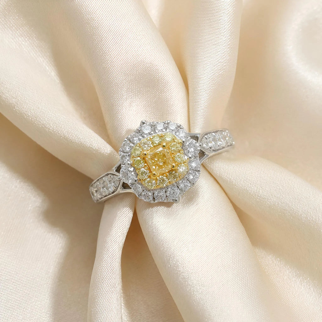Yellow Diamond Double Halo Ring in 14K Two-Tone Gold – 0.38 CT Yellow Diamond