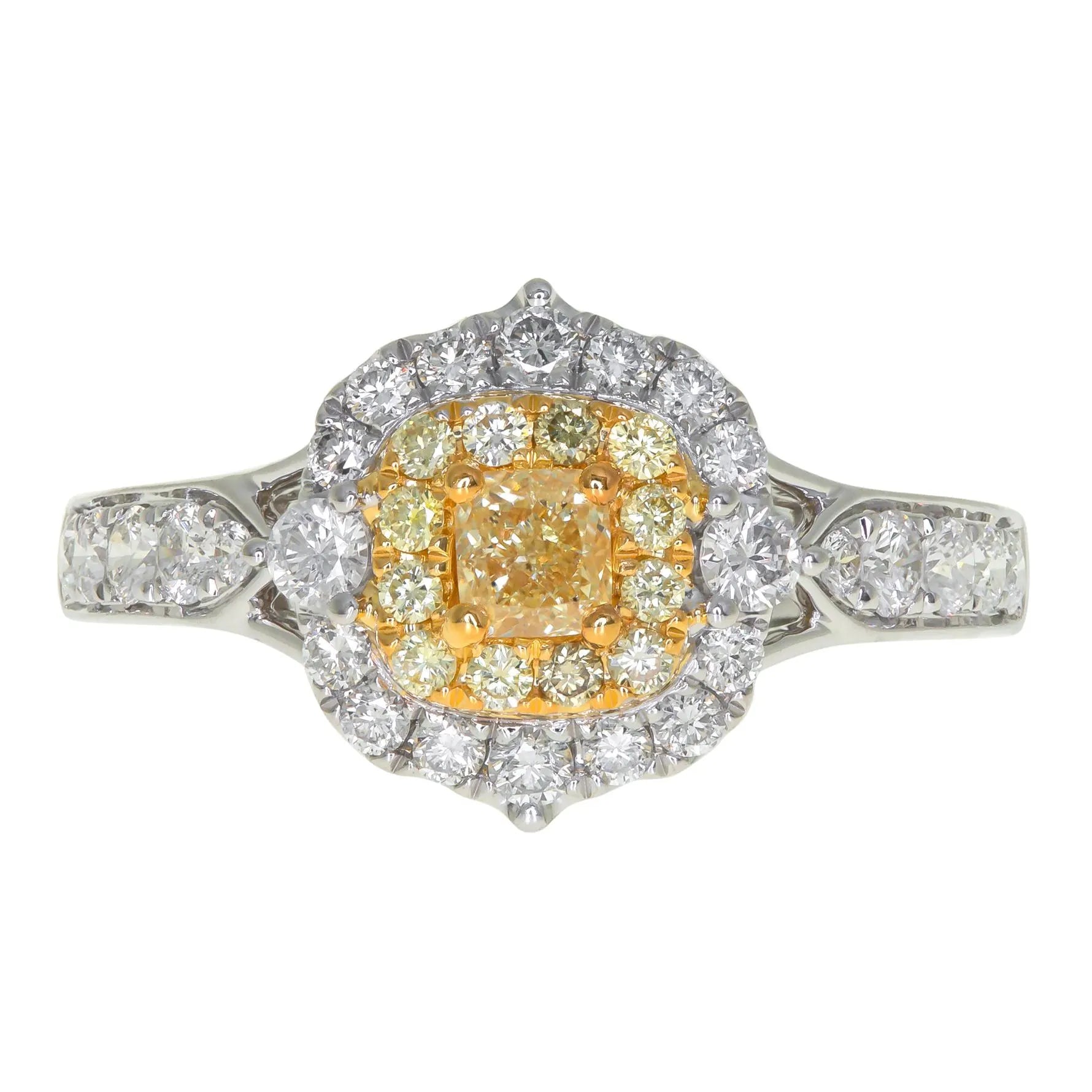 Yellow Diamond Double Halo Ring in 14K Two-Tone Gold – 0.38 CT Yellow Diamond