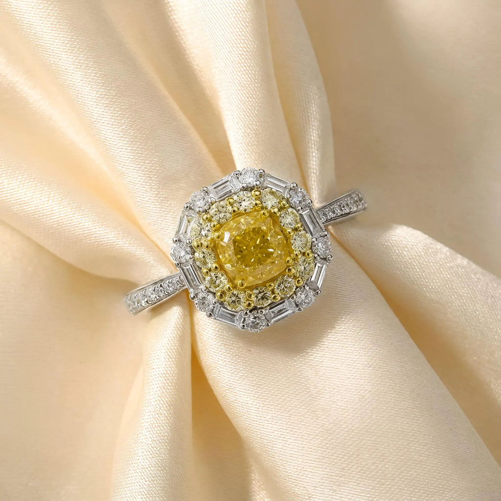 Art Deco Yellow Diamond Double Halo Ring in 18K Two-Tone Gold – GIA Certified
