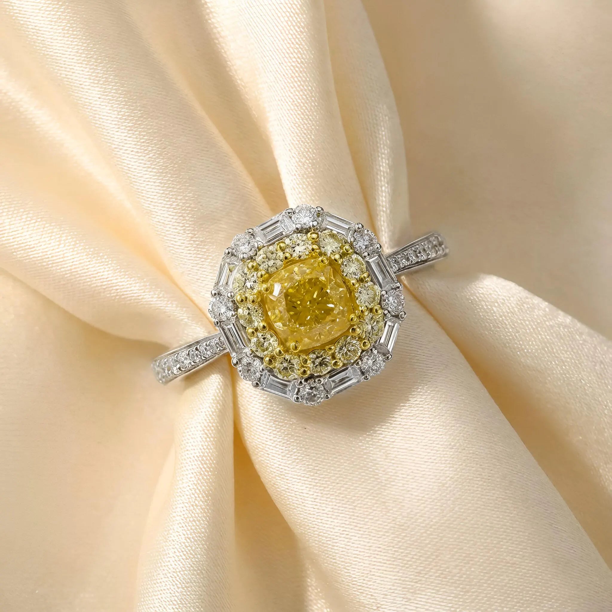 Art Deco Yellow Diamond Double Halo Ring in 18K Two-Tone Gold – GIA Certified