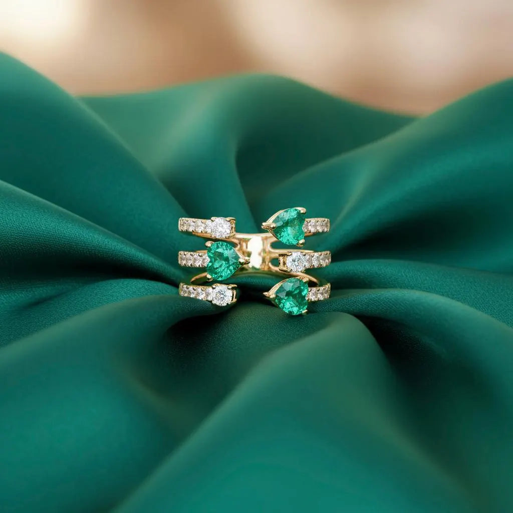 Heart-Shaped Emerald & Diamond Cuff Ring in 18K Yellow Gold
