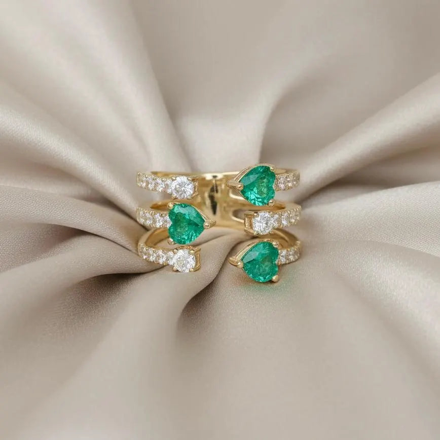 Heart-Shaped Emerald & Diamond Cuff Ring in 18K Yellow Gold