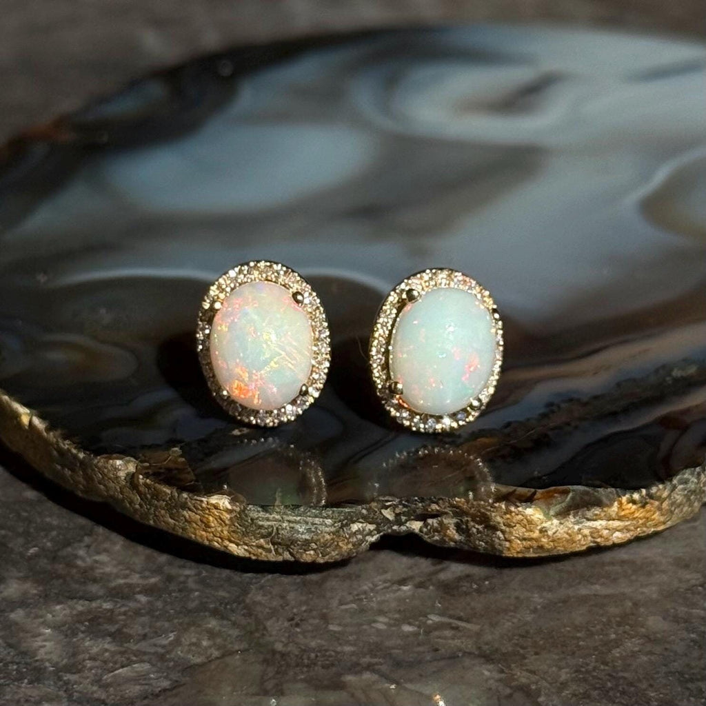 Opal Diamond Stud Earrings in 14k Yellow Gold