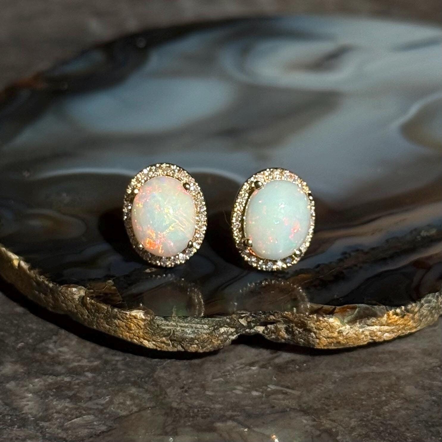 Opal Diamond Stud Earrings in 14k Yellow Gold