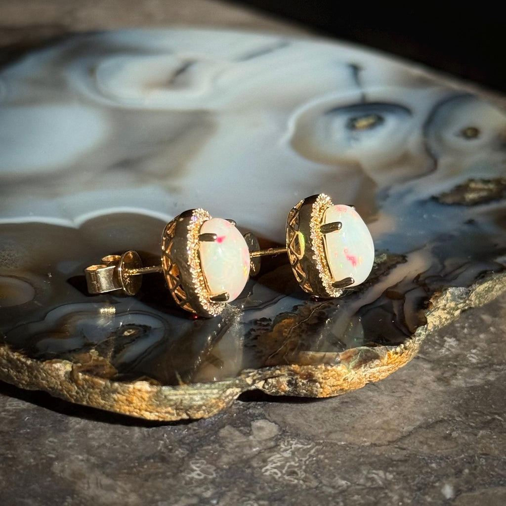Opal Diamond Stud Earrings in 14k Yellow Gold