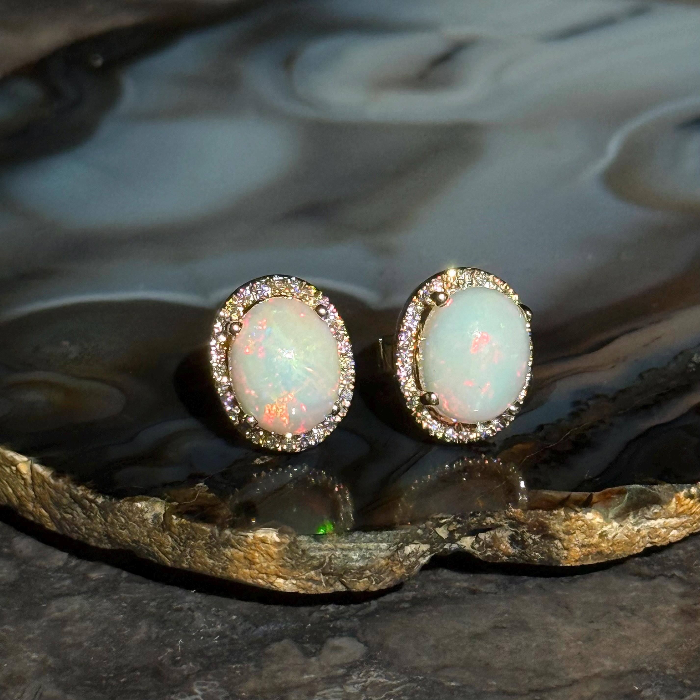 Opal Diamond Stud Earrings in 14k Yellow Gold