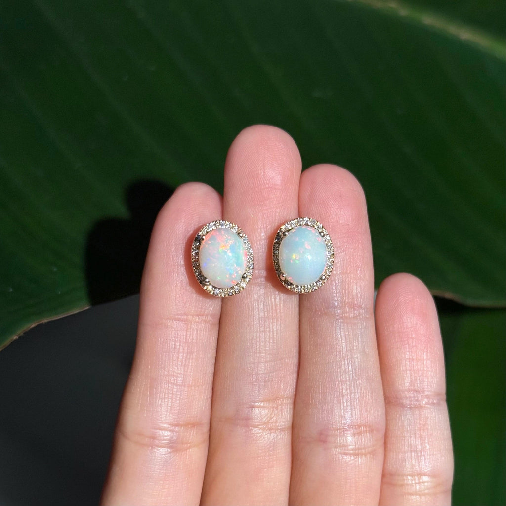 Opal Diamond Stud Earrings in 14k Yellow Gold