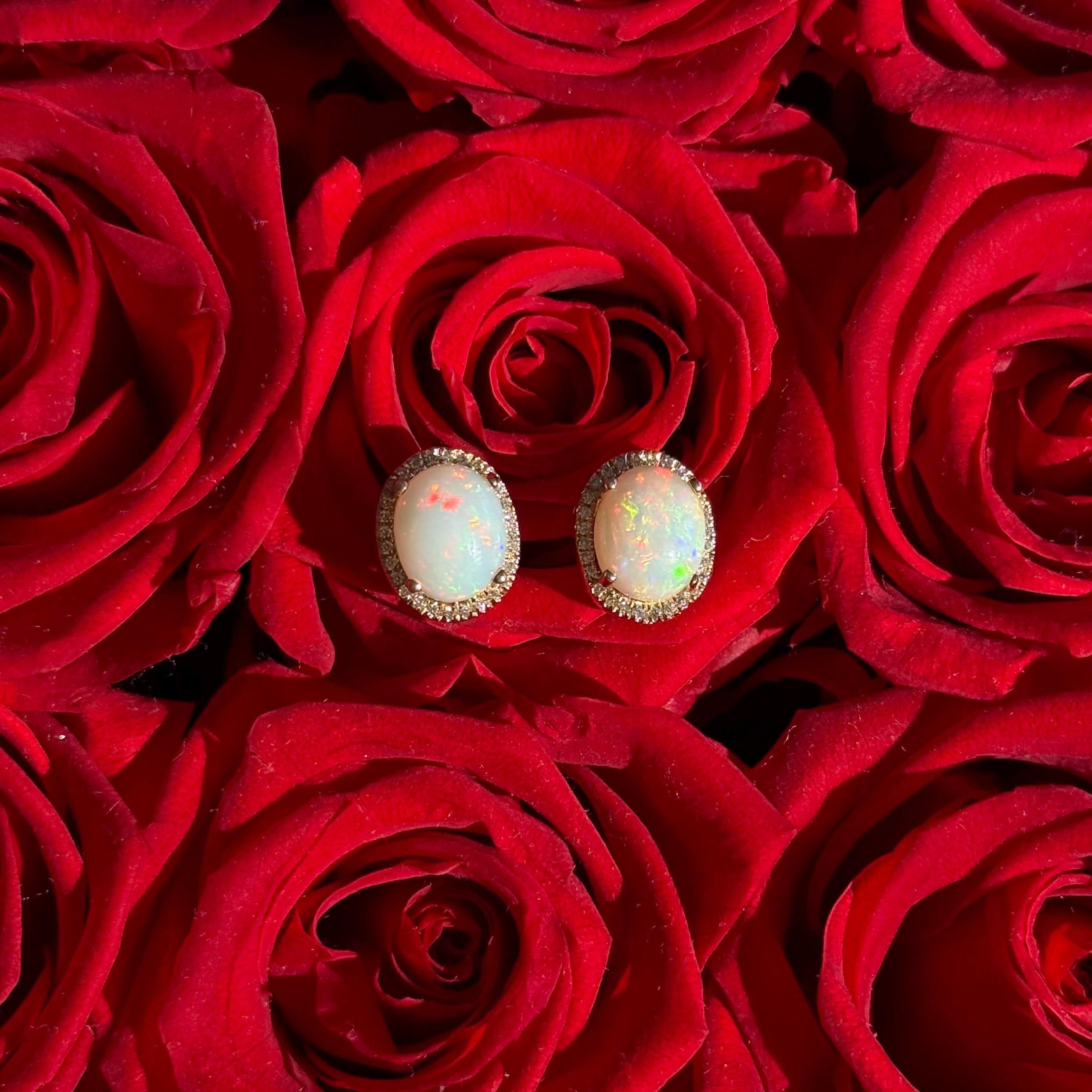 Opal Diamond Stud Earrings in 14k Yellow Gold