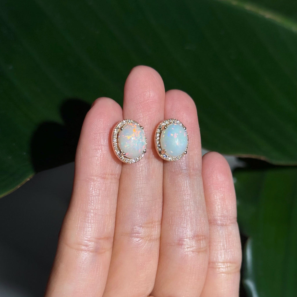 Opal Diamond Stud Earrings in 14k Yellow Gold