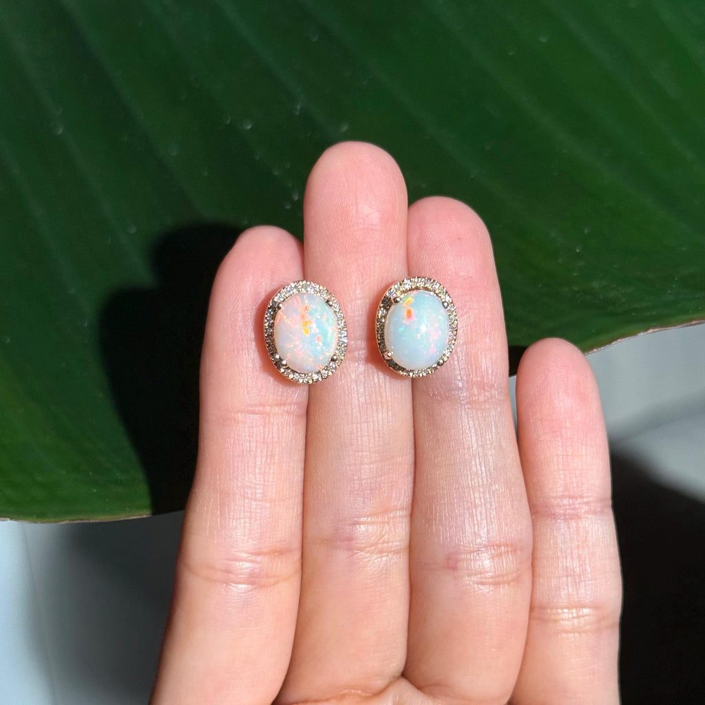 Opal Diamond Stud Earrings in 14k Yellow Gold