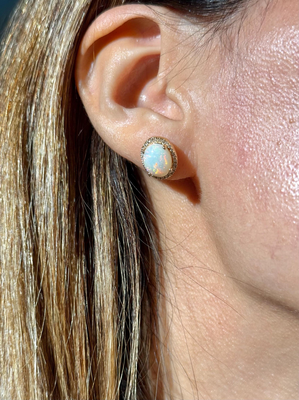 Opal Diamond Stud Earrings in 14k Yellow Gold