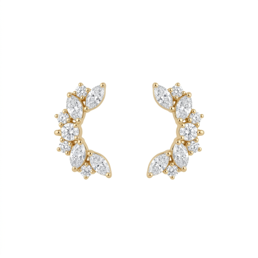 Diamond Floral Ear Crawler Earrings in 14K Yellow Gold – Modern Fine Jewelry
