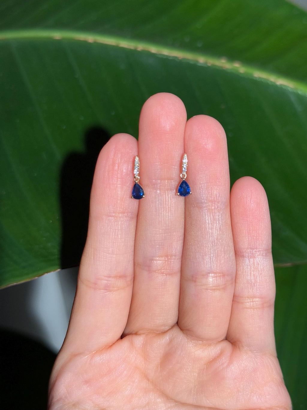 Sapphire Diamond Drop Stud Earrings in 14k Yellow Gold