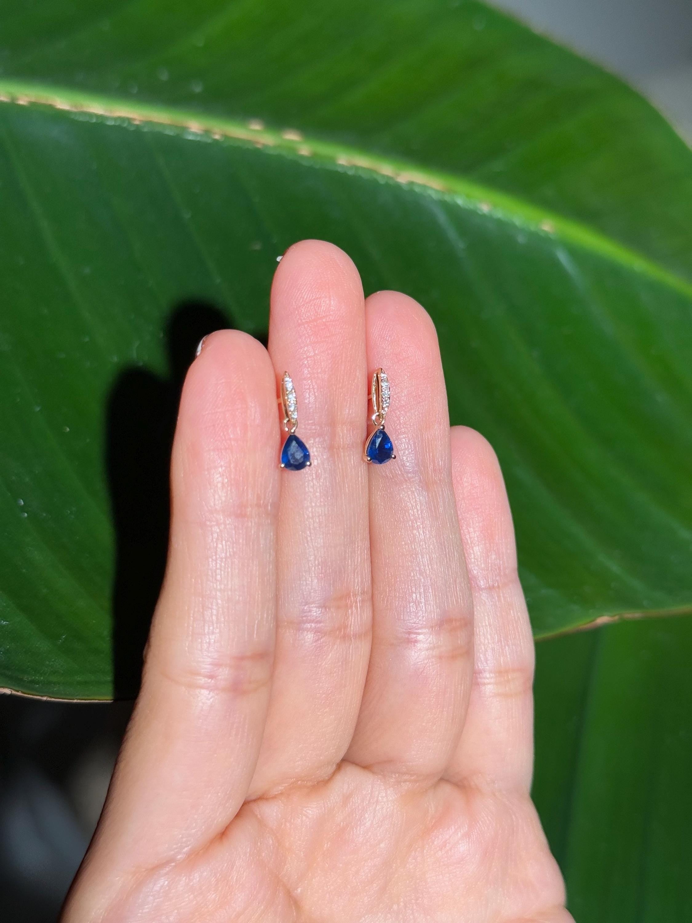 Sapphire Diamond Drop Stud Earrings in 14k Yellow Gold