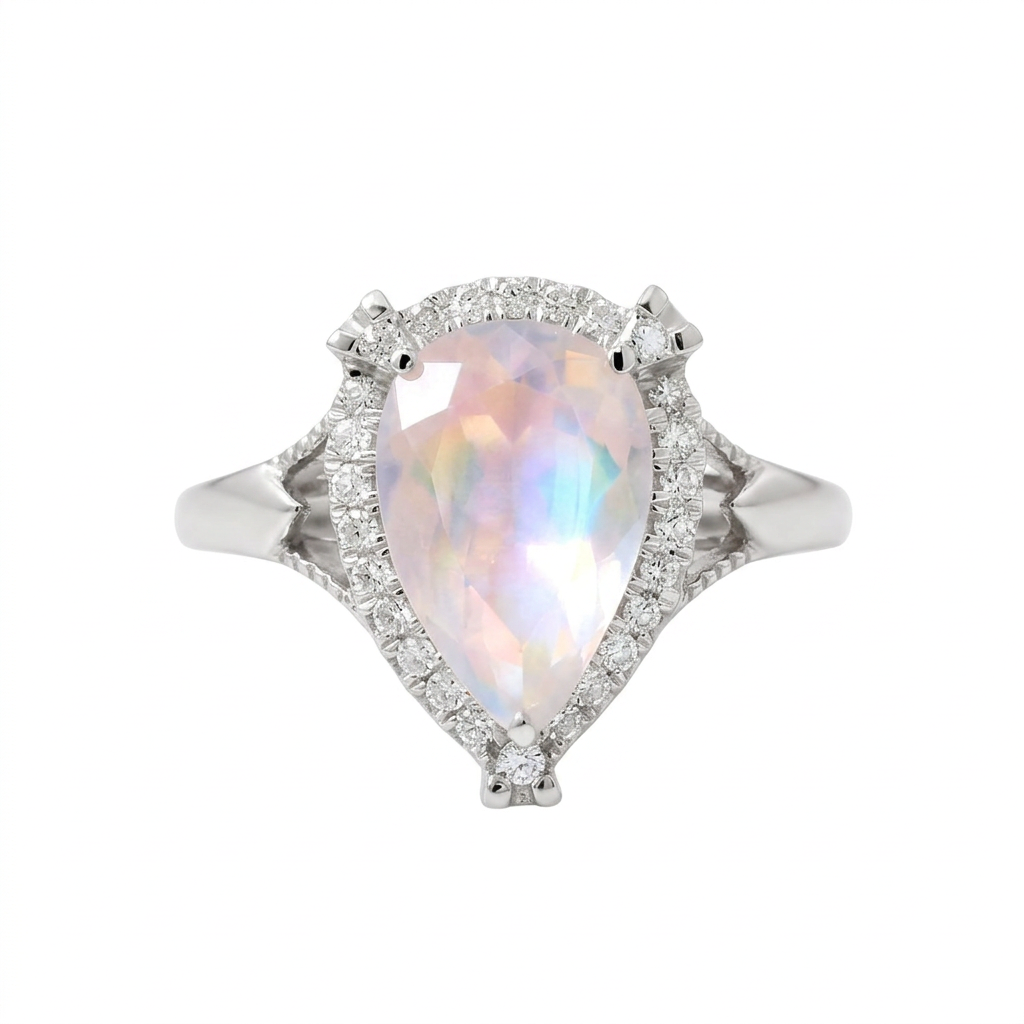 Pear-Shaped Rainbow Moonstone & Diamond Ring in 14K White Gold – 3.04 CT Moonstone