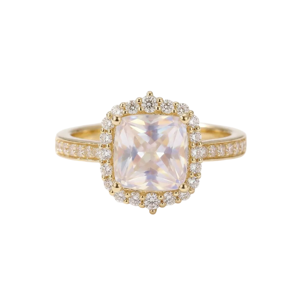 Cushion-Cut Rainbow Moonstone & Diamond Ring in 14K Yellow Gold – 3.37 CT Moonstone & 0.51 CTW Diamonds