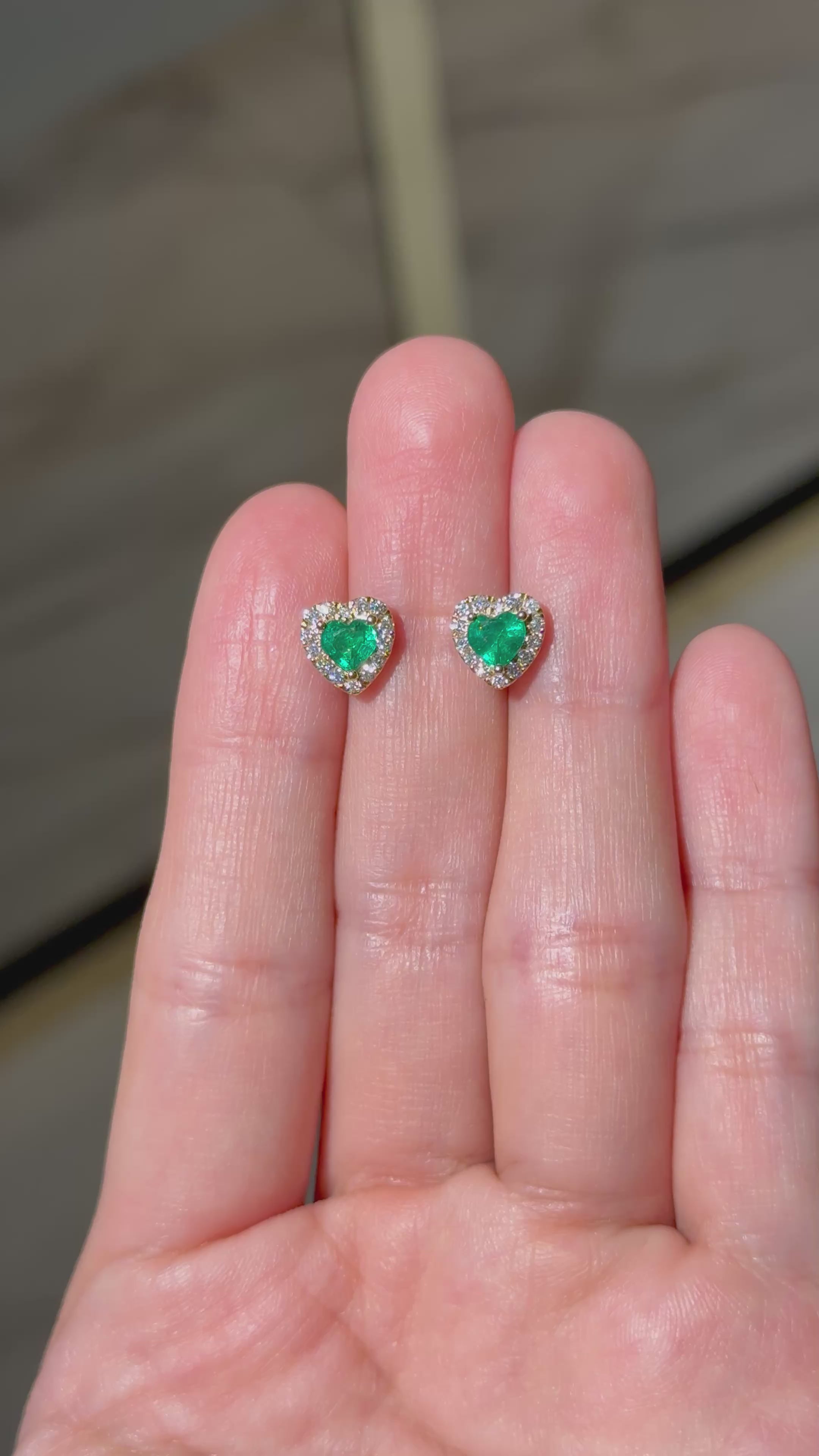 Heart-Shaped Emerald & Diamond Halo Stud Earrings in 18K Yellow Gold – 0.76 CT Emeralds & 0.28 CTW Diamonds