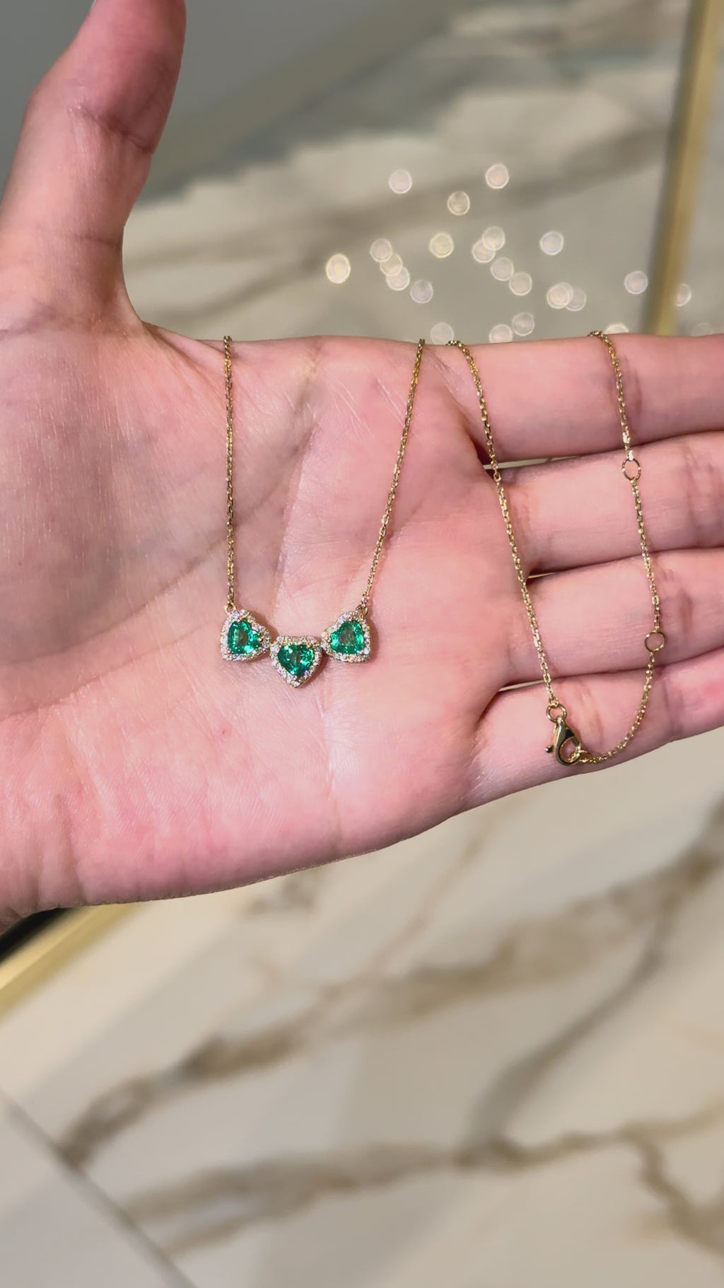 Heart Shape Emeralds Diamond Necklace in 18K Yellow Gold