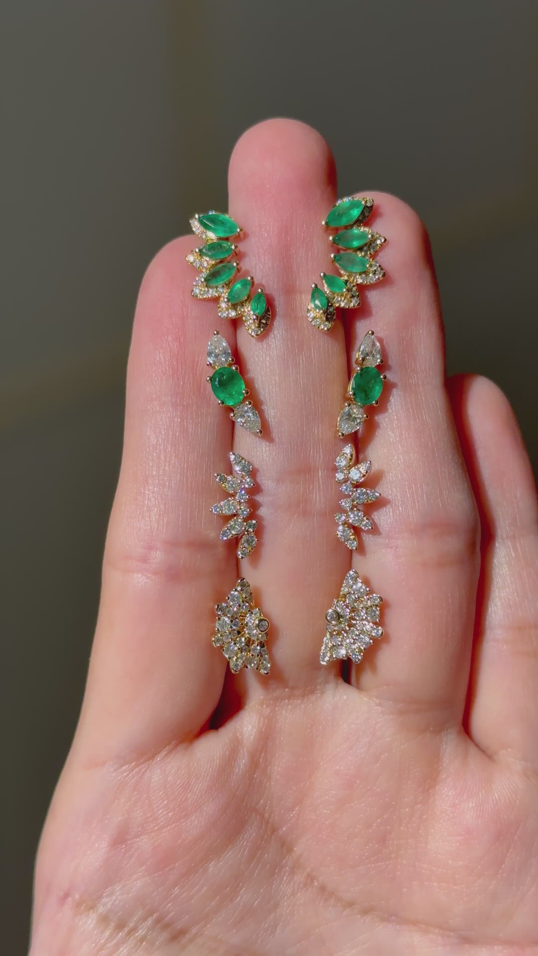 Oval Emerald & Large Pear Diamond Ear Crawler Earrings in 18K Yellow Gold – Elegant Fine Jewelry