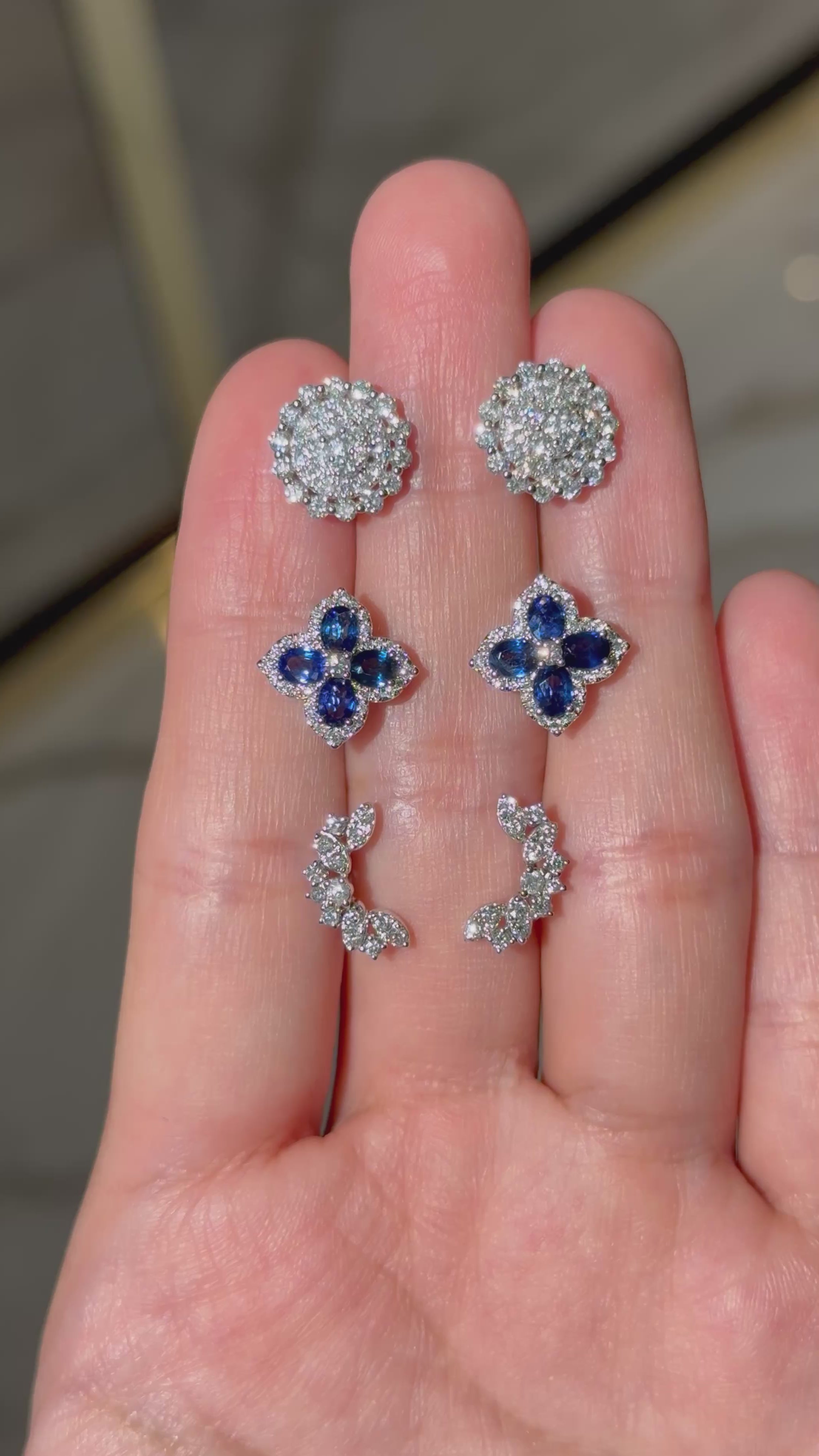 Diamond & Blue Sapphire Floral Stud Earrings in 14K White Gold – 1.76 CT Sapphires & 0.30 CTW Diamonds
