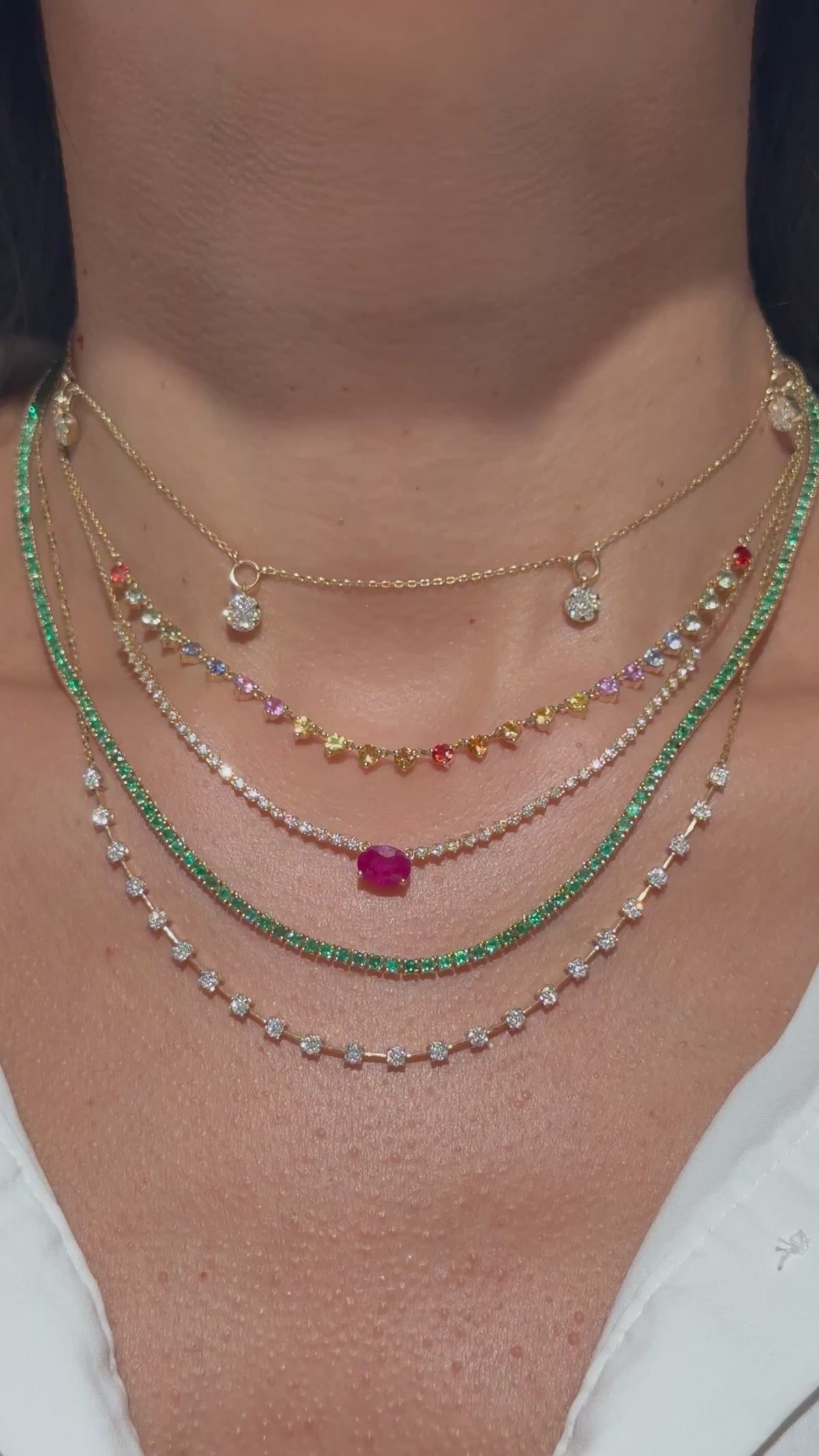 Rainbow Sapphire Station Necklace in 14K Yellow Gold – 3.21 CTW Natural Multi-Color Sapphires