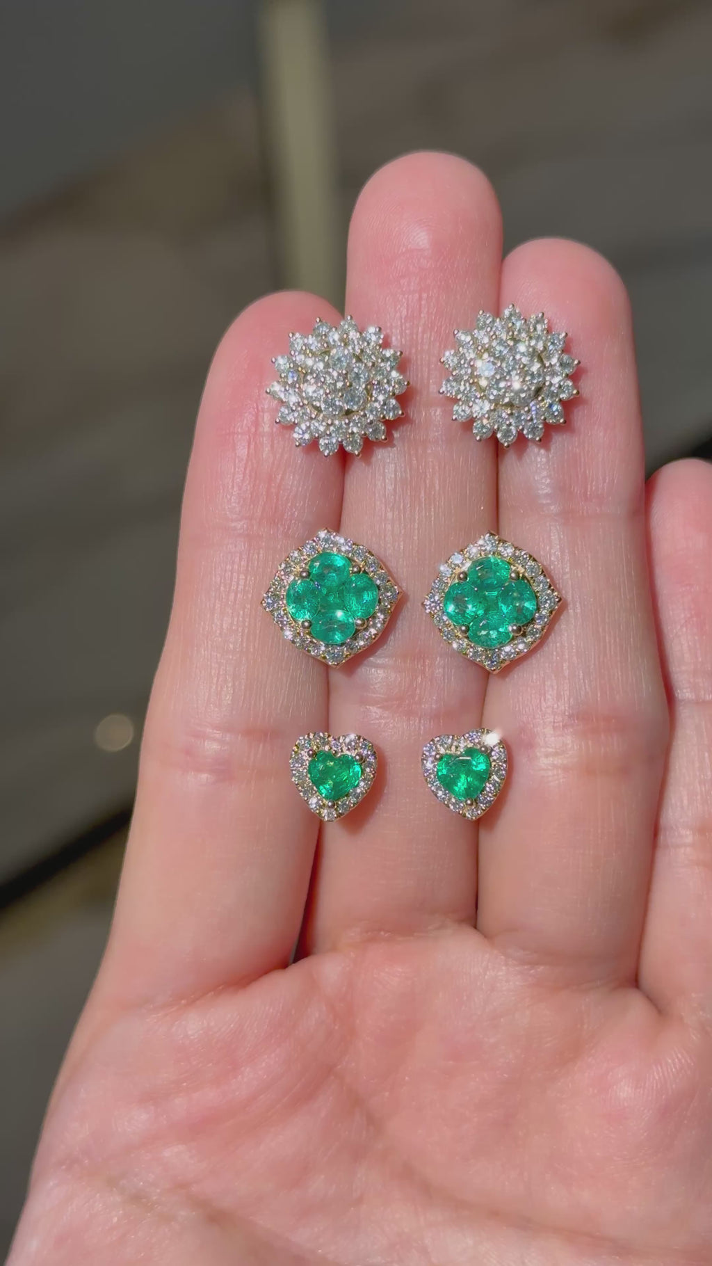 Heart-Shaped Emerald & Diamond Halo Stud Earrings in 18K Yellow Gold – 0.76 CT Emeralds & 0.28 CTW Diamonds