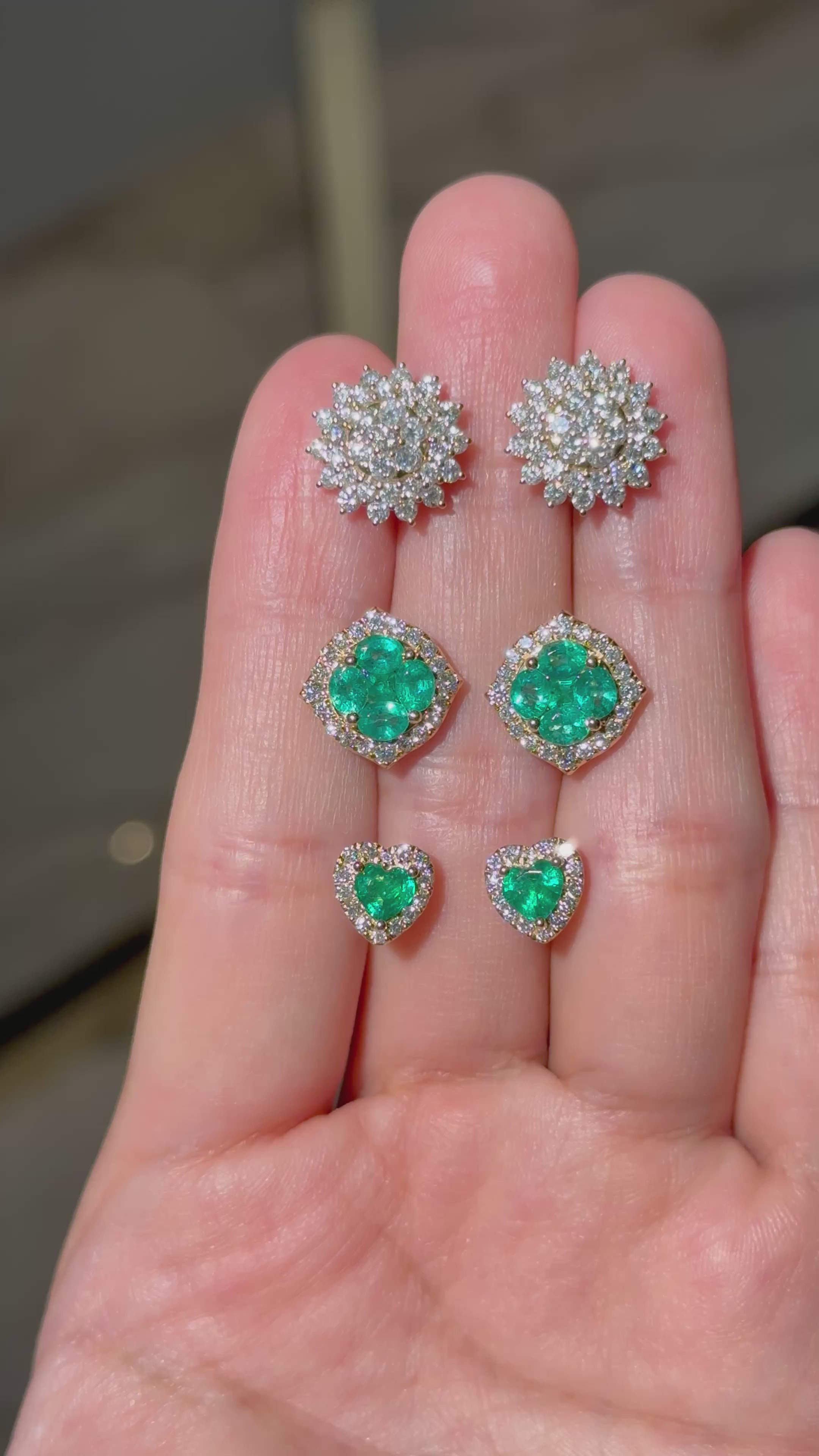 Heart-Shaped Emerald & Diamond Halo Stud Earrings in 18K Yellow Gold – 0.76 CT Emeralds & 0.28 CTW Diamonds