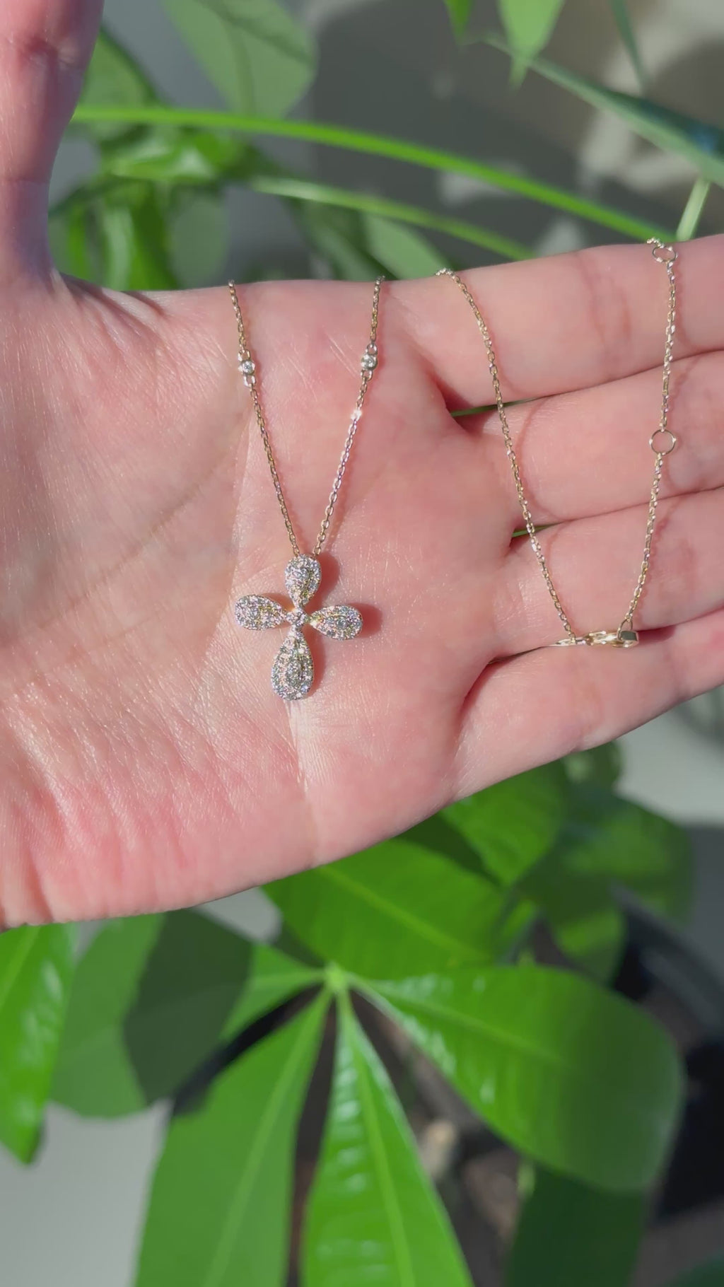 Pavé Diamond Quatrefoil Cross Necklace in 14K Yellow Gold – 0.48 CTW Natural Diamonds