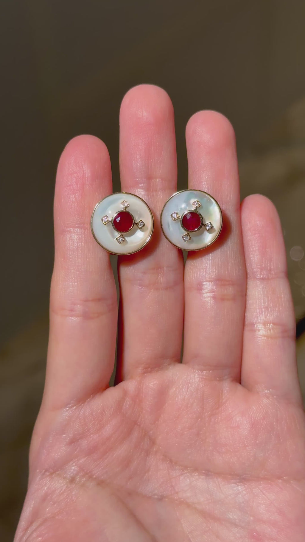 Classy Ruby Mother of Pearl Earrings in 14K Yellow Gold
