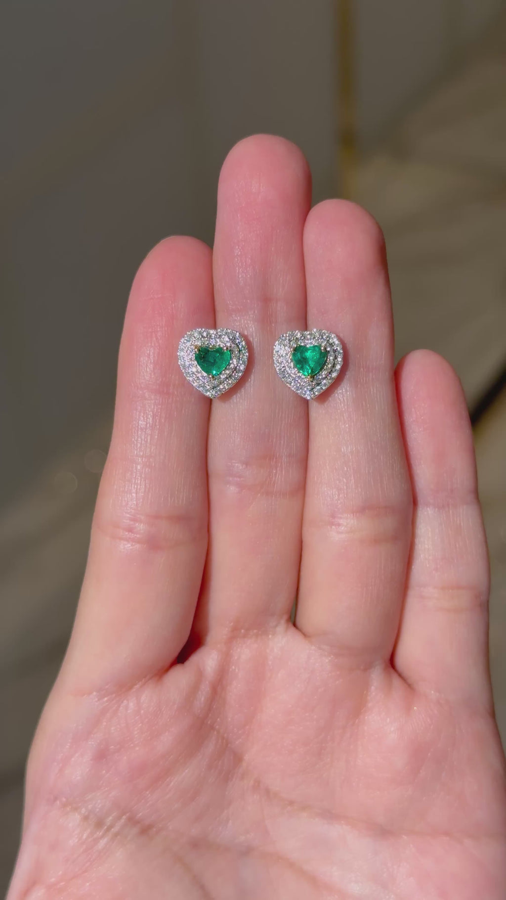 Heart Shape Emerald Diamond Earrings in 18K White Gold