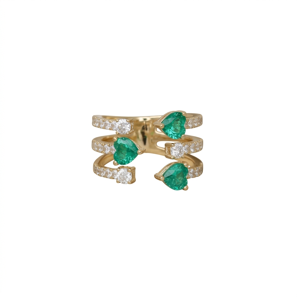Heart-Shaped Emerald & Diamond Cuff Ring in 18K Yellow Gold